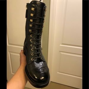 Black CHANEL 21P Lace Up Leather Combat Moto Boots - NWT